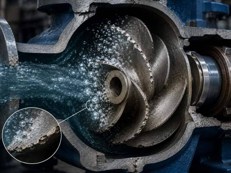  Cavitation in a centrifugal pump showing vapor bubbles forming near the impeller and causing erosion from repeated bubble collapse.
