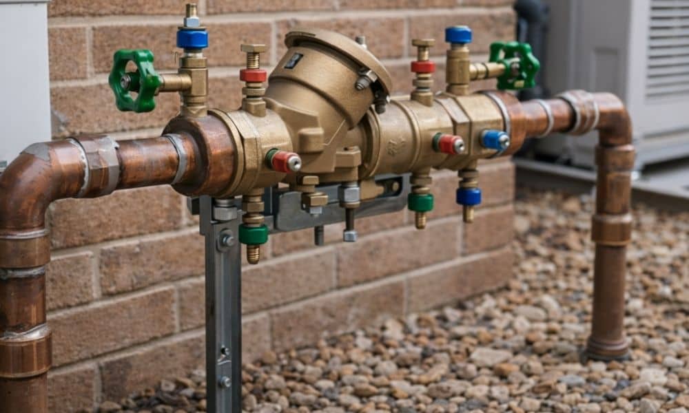 Commercial backflow prevention RPZ assembly installed on exterior building water line