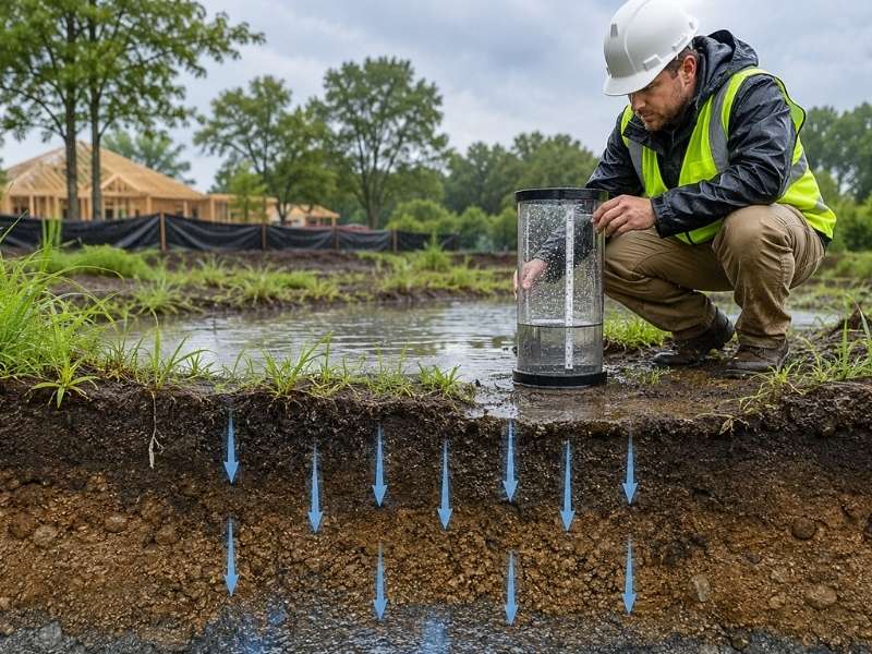 Engineer conducting a soil infiltration test at a construction site in Denton, Texas, with rainwater soaking into the ground to demonstrate infiltration, groundwater recharge, and sustainable stormwater management.