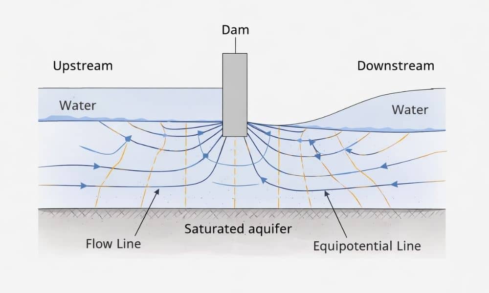 Flow net diagram showing groundwater movement beneath a dam with flow lines and equipotential lines in a saturated aquifer