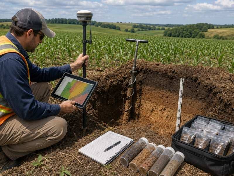 soil maps for land use planning and development - Denton Civil Engineering Soil maps being used by a field specialist with GNSS equipment and soil samples to evaluate soil properties for land-use planning and site development.