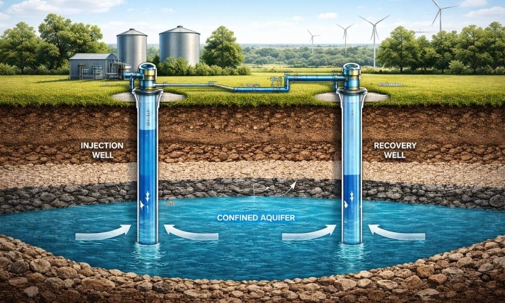 Cross section diagram of an aquifer storage and recovery system showing injection and recovery wells storing water underground