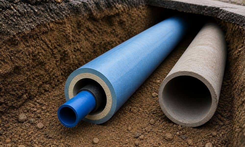 Barrier pipe protecting a potable water line in an underground trench 