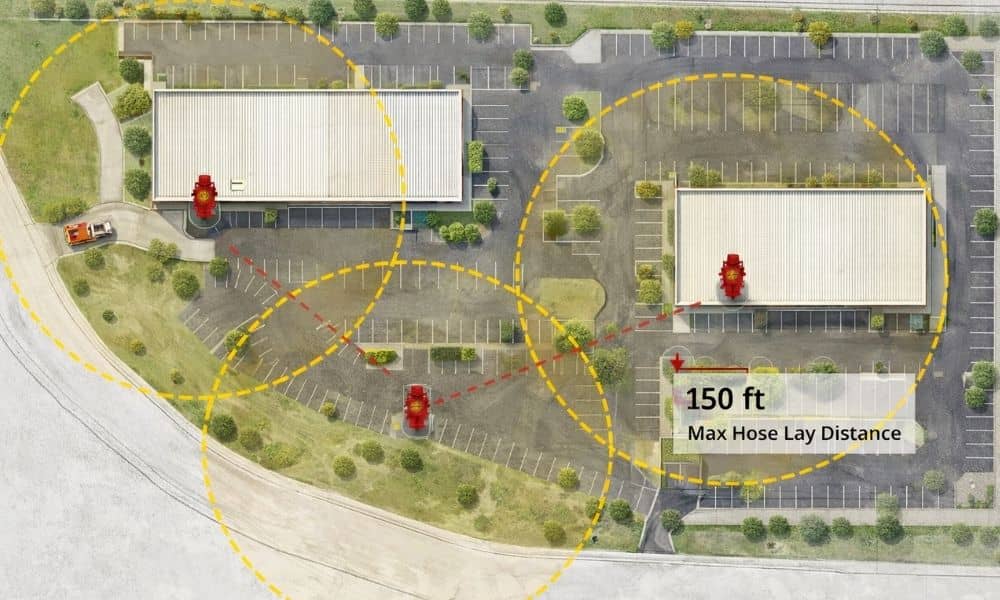 Site plan diagram showing fire hydrant spacing and hose lay distance coverage based on fire code access requirements