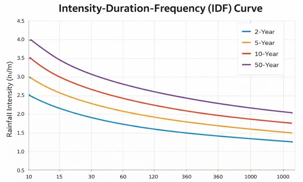 Landscape IDF curve chart showing rainfall intensity versus storm duration for multiple return periods used in drainage design