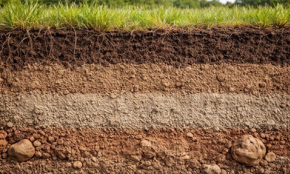 Natural soil layers showing sand silt and clay composition in a cross section with visible texture differences