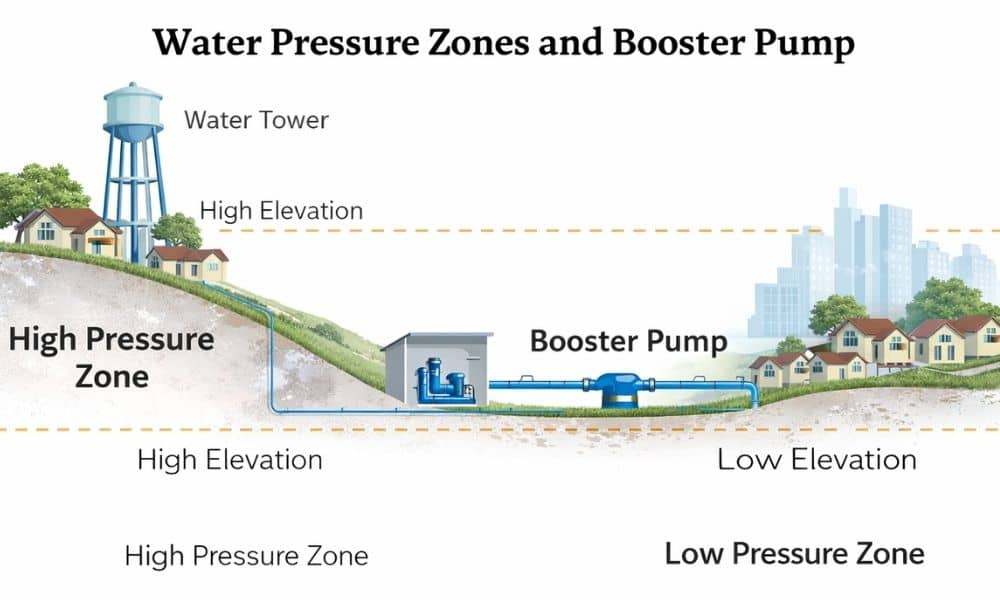 Diagram showing water pressure zones and booster pump systems across different elevations