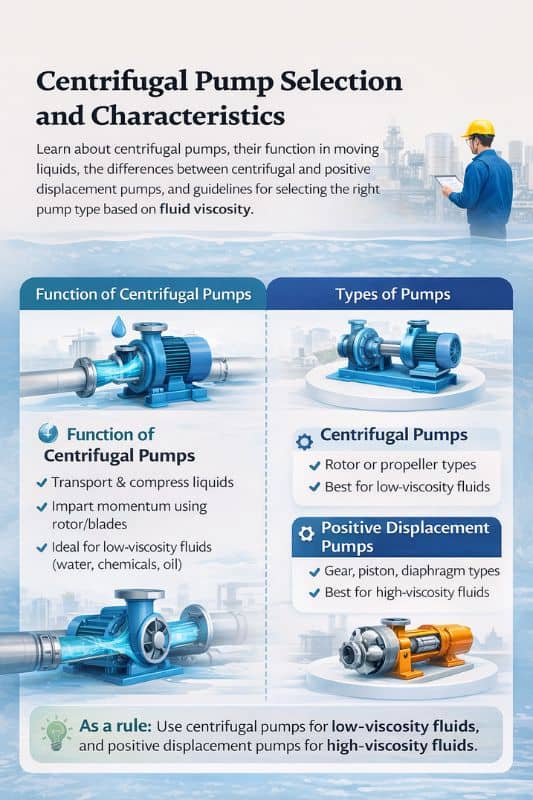  Infographic explaining centrifugal pump selection and characteristics including function, types, and comparison with positive displacement pumps