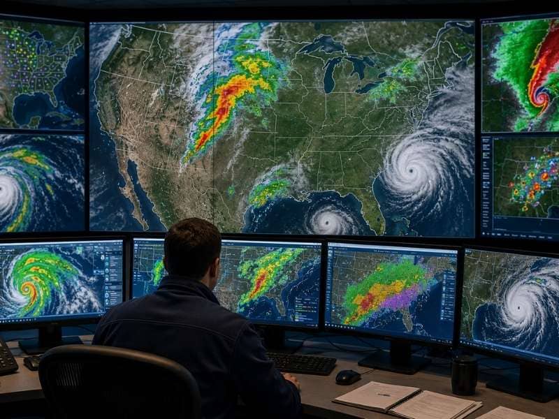 Meteorologist monitoring radar and satellite maps of severe weather systems across the United States in a weather operations center.