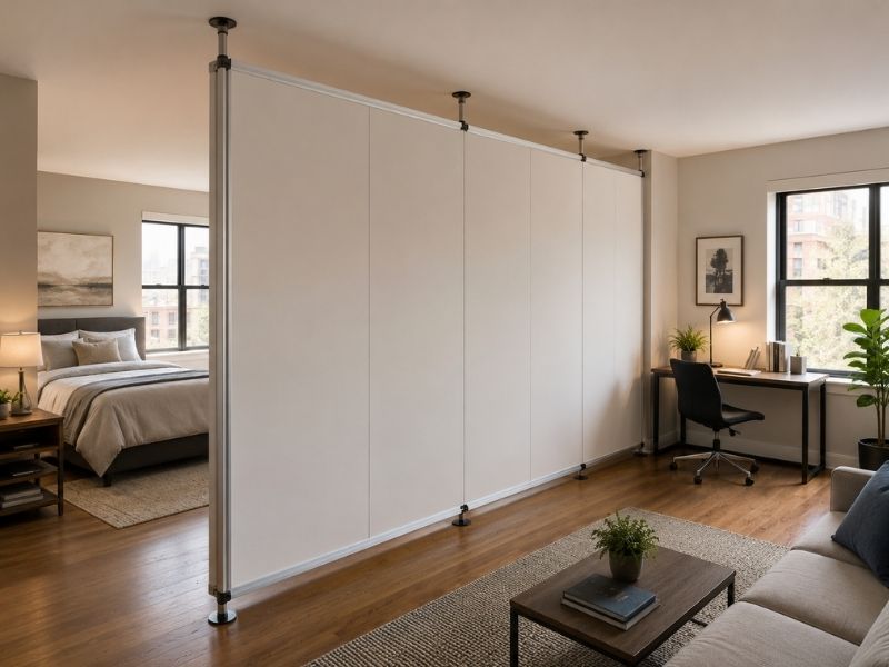 pressurized wall room divider - Denton Civil Engineering Pressurized walls installed between the floor and ceiling to divide a large room into separate living and bedroom spaces without permanent fasteners.