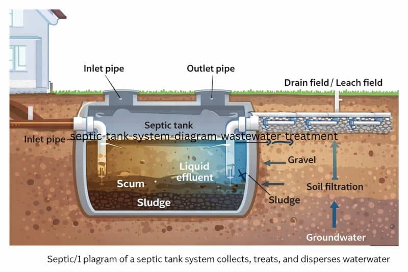 Diagram of a septic tank system showing wastewater collection, treatment, and soil filtration